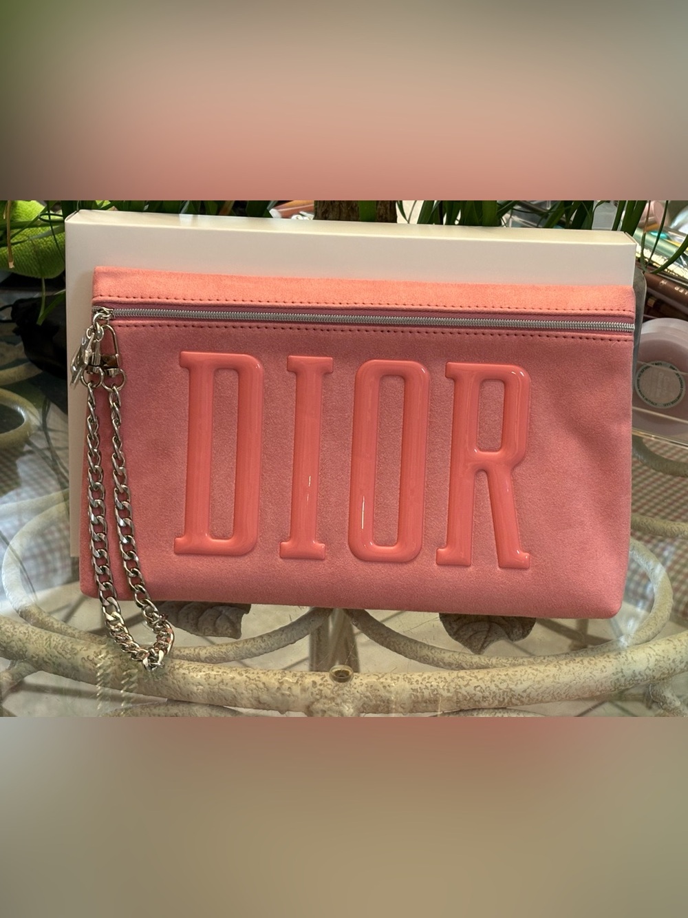 Dior Coral Pink Suede Pouch with Chain Wristlet